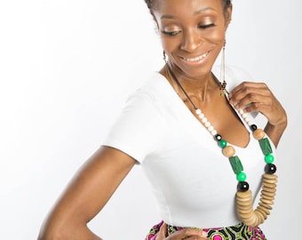 Long chunky wooden African bead necklace