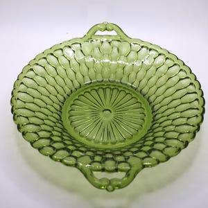 Indiana Glass Honeycomb Olive Green Round Double Handled Serving Dish