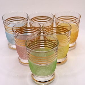 Set of 6 Vintage Sugar Frosted Shot/Cordial/Digestif Glasses With Gold Rims - Multi Colored