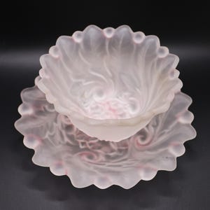 Vintage Satin/Frosted Pink Pressed Glass Fruit Bowl and Plate Set