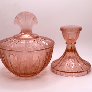 Pink Depression Glass Lidded Vanity Dish and Matching Candle Holder