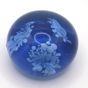 Small Blue Vintage Paperweight with White Flowers.