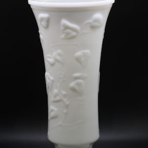 Beautiful Milk Glass Pedestal Vase with Ivy Embossed Pattern