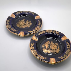 Set mit 2 Limoge Colbalt Blau und Gold Brautpaar Aschenbecher / Schmuckstücke Geschirr