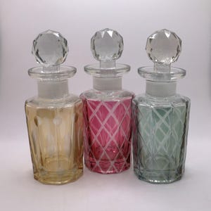 Vintage Bohemian Cut Crystal Vanity Bottles, Flash Painted. Sold individually, Chose from Pink, Yellow or Green