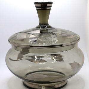 Vintage Czech Glass Lidded Candy Jar in Smoky Glass with Silver Foil Leaves and Etched Daisy Flowers