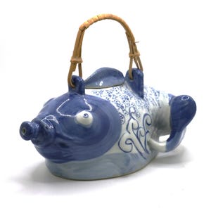 Vintage Blue and White Koi Teapot with Rattan Handle.