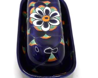 Vintage Hand Painted Talavera Mexico Butter Dish in Deep Cobalt Blue