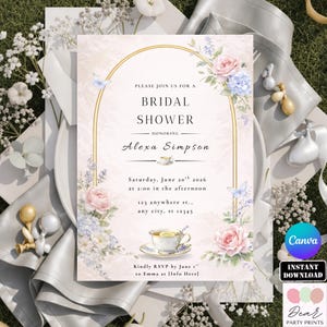 May include: A bridal shower invitation with a soft pink background and gold arch design. The invitation includes floral accents, butterflies, and the text "Bridal Shower" with the honoree's name. The invitation also includes the date, time, and location.