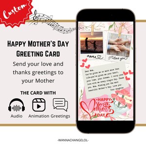 Aangepaste videowenskaart Happy Mother's Day, geanimeerde e-card voor Happy Mother's Day met audio (1 mp4- en 1 pdf-bestand)