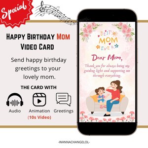 Tarjeta de video electrónica de feliz cumpleaños para mamá, tarjeta de video animada de feliz cumpleaños con audio, tarjeta de feliz cumpleaños para una adorable mamá (1 archivo MP4)