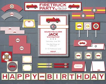 Personalized Firetruck Party Package - Grey, Red, Orange and Yellow - Diy Printable File - (PARTIAL INSTANT DOWNLOAD!!)