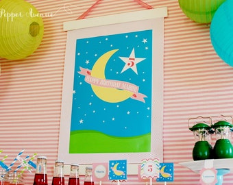 Camping Moon + Stars 8" x 10" Happy Birthday Poster -camping, glamping, sleepover Ages 1 -8 Instant Download DIY Printable PDF File