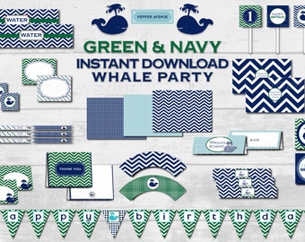 Navy & Green Whale Party - Baby Shower or Birthday Party - Printable PDF Files - INSTANT DOWNLOAD