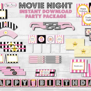 May include: Printable party decorations for a movie night themed birthday party. The set includes a banner, cupcake toppers, water bottle labels, thank you cards, and more. The decorations are pink, black, and gold with a movie reel and popcorn theme.