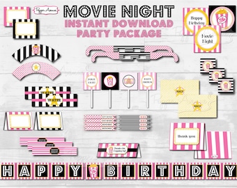 Puede incluir: Decoraciones de fiesta imprimibles para una fiesta de cumpleaños con temática de noche de cine. El conjunto incluye una pancarta, adornos para cupcakes, etiquetas para botellas de agua, tarjetas de agradecimiento y mucho más. Las decoraciones son de color rosa, negro y dorado con un tema de rollo de película y palomitas de maíz.