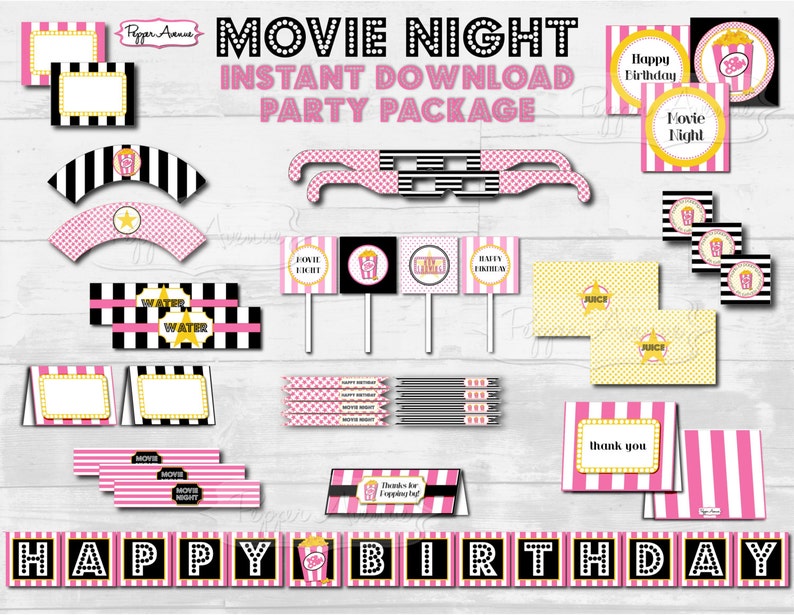 May include: Printable party decorations for a movie night themed birthday party. The set includes a banner, cupcake toppers, water bottle labels, thank you cards, and more. The decorations are pink, black, and gold with a movie reel and popcorn theme.
