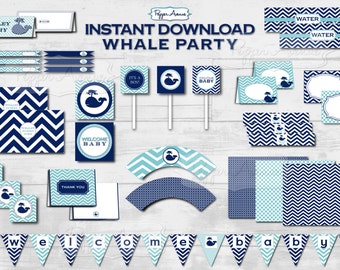 Light Blue & Navy Whale Party Package - Baby Shower or Birthday Party - Printable PDF Files - INSTANT DOWNLOAD