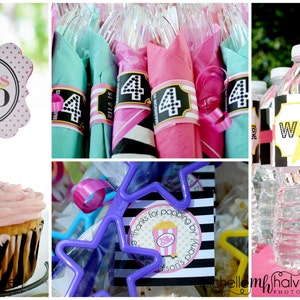 May include: A pink and black cupcake with a pink frosting and a sign that says "Ella is Two" on a stick. The cupcake is on a black and white zebra print cupcake stand. There are also party favors in the image, including a purple star-shaped cookie cutter, a pink and black striped bag with a "Thanks for popping by Ella's party" label, and a water bottle with a black and yellow star-shaped label that says "Water".