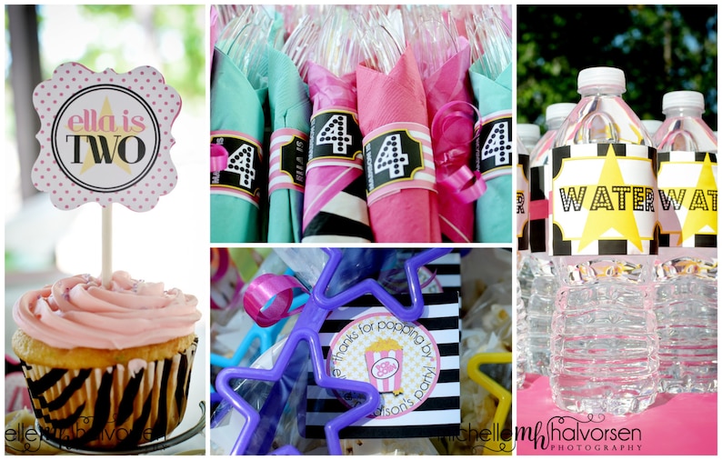 May include: A pink and black cupcake with a pink frosting and a sign that says "Ella is Two" on a stick. The cupcake is on a black and white zebra print cupcake stand. There are also party favors in the image, including a purple star-shaped cookie cutter, a pink and black striped bag with a "Thanks for popping by Ella's party" label, and a water bottle with a black and yellow star-shaped label that says "Water".