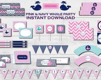 Pink & Navy Whale Birthday Party Package - INSTANT DOWNLOAD - Printable PDF Files