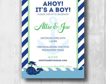 May include: Ahoy! It's a Boy! baby shower invitation with a blue and white striped background, an anchor, and a whale with a palm tree on its back. The invitation includes the names Allie & Joe, the date and time of the shower, the location, and the RSVP information.