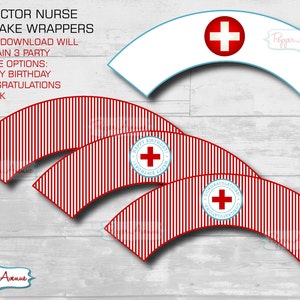 May include: Printable cupcake wrappers with a red and white striped pattern. The wrappers feature a white circle with a red cross and the text "Happy Birthday" or "Congratulations".