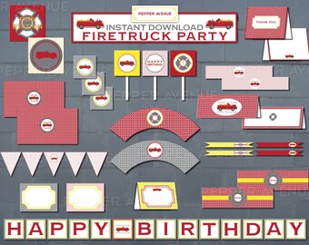 Firetruck Party Package - Grey, Red, Orange and Yellow - Printable PDF Files INSTANT DOWNLOAD -