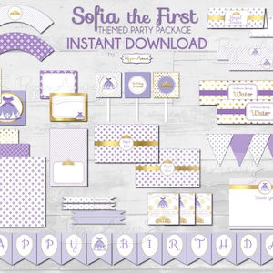 Peut inclure: Décorations de fête imprimables violettes et dorées pour une fête sur le thème de Sofia la Première. L'ensemble comprend une bannière, des décorations pour cupcakes, des étiquettes pour bouteilles d'eau, des étiquettes de faveur et plus encore.
