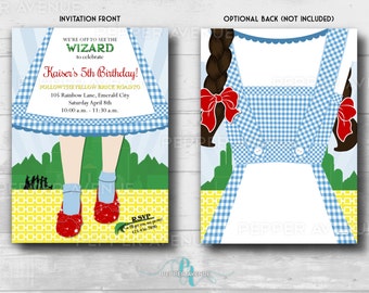 May include: Invitation to a Wizard of Oz themed 5th birthday party. The invitation features a girl wearing a blue and white gingham dress and red shoes walking down the yellow brick road. The text reads "We're off to see the Wizard to celebrate Kaiser's 5th Birthday! Follow the Yellow Brick Road to 105 Rainbow Lane, Emerald City, Saturday April 8th, 10:00 a.m. - 11:30 a.m."