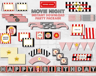 Op de afbeelding: Printbare feestversiering voor een filmnacht-thema verjaardagsfeest. De set bevat een banner, cupcake toppers, waterfleslabels, bedankkaartjes en meer. De versiering heeft een rood, wit en zwart kleurenschema met popcorn, sterren en filmticketontwerpen.