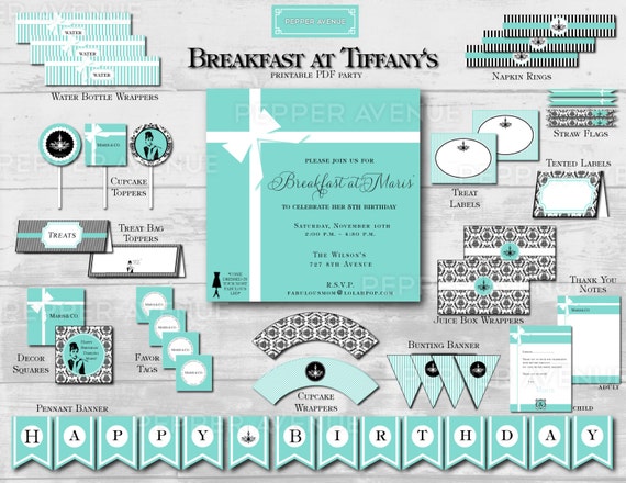 Breakfast at Tiffany's Package - Birthday Party, Bridal or Baby Shower - Digital Printable PDF Files (Partial Instant Download)