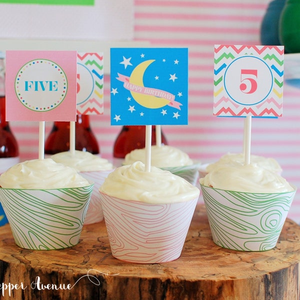 Moon Party Cupcake Toppers -camping, glamping, sleepover - Instant Download DIY Printable PDF File