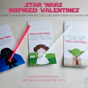 Star Wars Inspired Valentines DIY Printable File Luke, Leia, Darth Vader, Finn, Rey, Kylo Ren & Yoda image 1