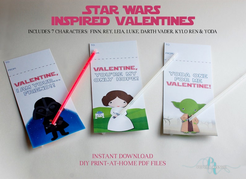 Star Wars Inspired Valentines DIY Printable File Luke, Leia, Darth Vader, Finn, Rey, Kylo Ren & Yoda image 1