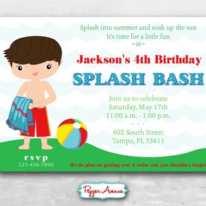 May include: A birthday invitation with a cartoon boy holding a towel and a beach ball. The invitation reads "Jackson's 4th Birthday SPLASH BASH" with event details, including the date, time, and location.
