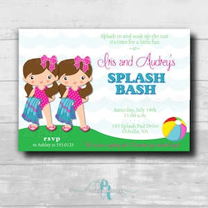 May include: Invitation to a twin's splash bash party with a beach ball graphic. The party is on Saturday, July 14th at 11:00 a.m. at 185 Splash Pad Drive, Oilville, VA. RSVP to Ashley at 555.0123.
