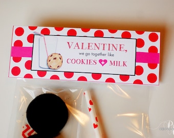 INSTANT DOWNLOAD - Valentine's Day Cookies & Milk Bag Toppers - Treat Bags / Favor Bags / Class Favors - DIY Printable File