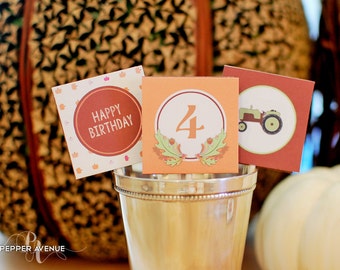 Harvest Party Cupcake Toppers- Fall Y'all & Tractor Birthday - Orange, Green ~DIY Printable Files~ INSTANT DOWNLOAD