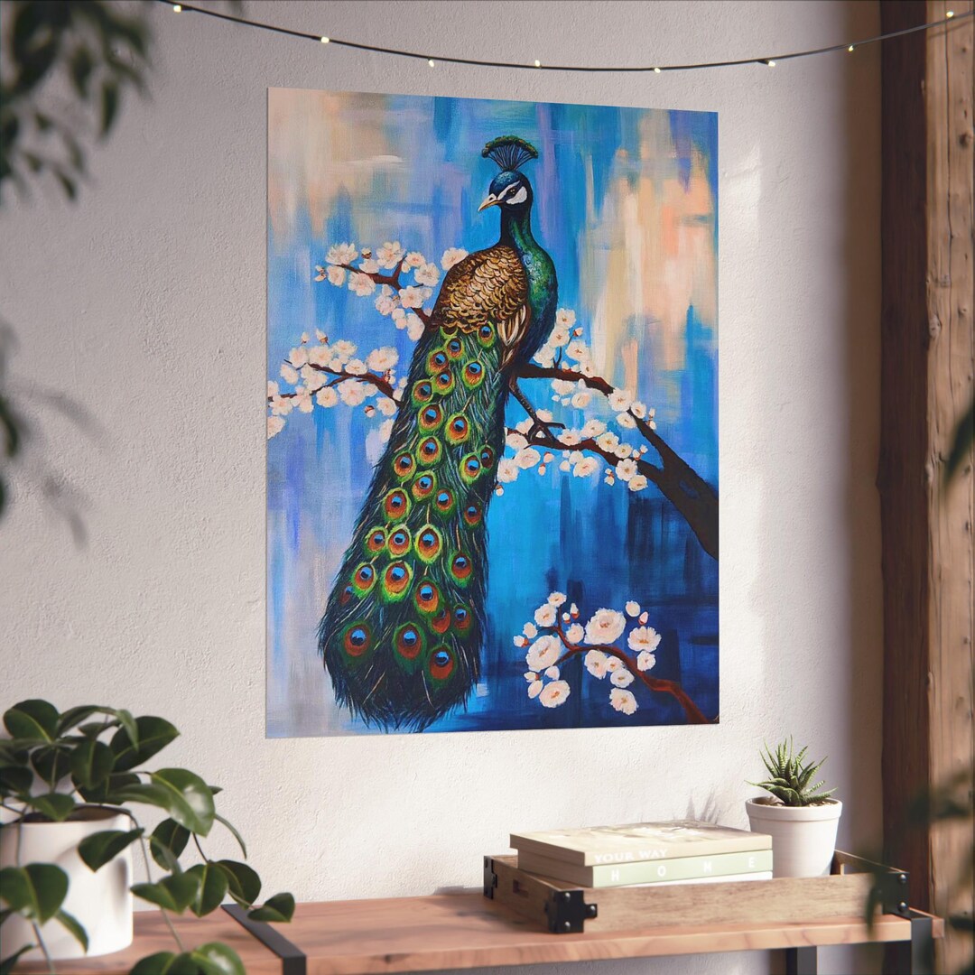 Peacock on Blossom Branch Poster | Fine Art Wall Print - Etsy