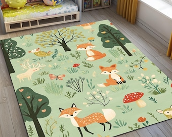 Fox Rug, Forest Rug, Woodland Rug, Woodland Nursery, Playroom Rug, Nursery Rug, Ultrasoft Rug, Elephant, Lion, Giraffe Rug