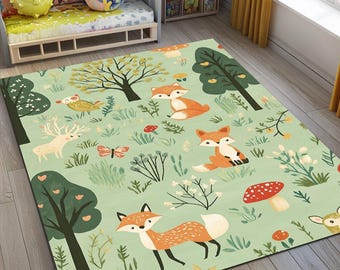 Fox & Woodland Animal Nursery Rug, Ultrasoft Playroom Rug