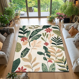Leaf Print Botanical Rug, Floral Tropical Area Carpet, Exhotic Home Decor Accent, Living Room Rug