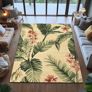 Floral Tropical Rug, Exotic Leaf Design, Botanical Area Rug, Nature Inspired Home Decor, Washable Rug, Non Slip Rug