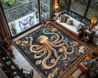Octopus Art Flower Rug, Colorful Living Room Decor