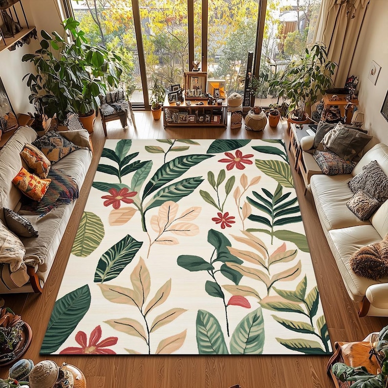 Botanical Leaf Print Rug, Tropical Floral Area Carpet - Etsy