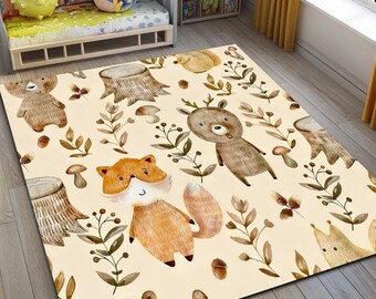 Woodland Animals Kids Rug, Ultra Soft Nursery Rug, Forest Design