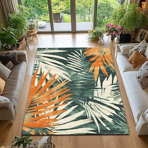 Leaf Area Rug, Botanical Accent Rug, Forest Rug, Jungle Rug, Nature Inspired Floor Mat, Leaf Pattern Carpet