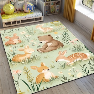 Bear Rabbit Deer Rug, Woodland Rug, Nursery Rug, Kids Floor Mat, Animal Theme Area Rug, Cute Animal Rug