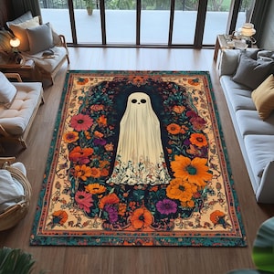 Halloween Ghost Scene Art Rug, Ghost Halloween Decor, Vintage Look Halloween Themed Digital Print Rug, Halloween Decor Indoor, Halloween Rug